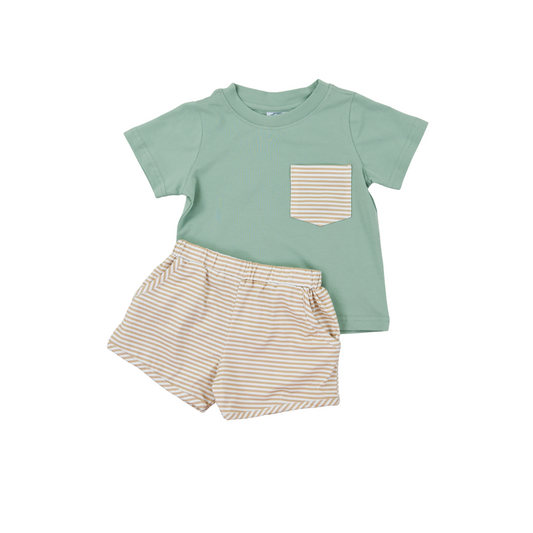 Simple Tan Stripe Knit Name Boy Short Set
