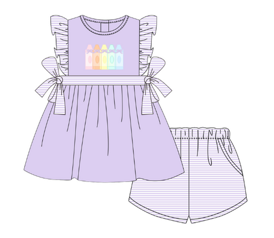 PO112: Colorful Applique Crayons Girl Short Set