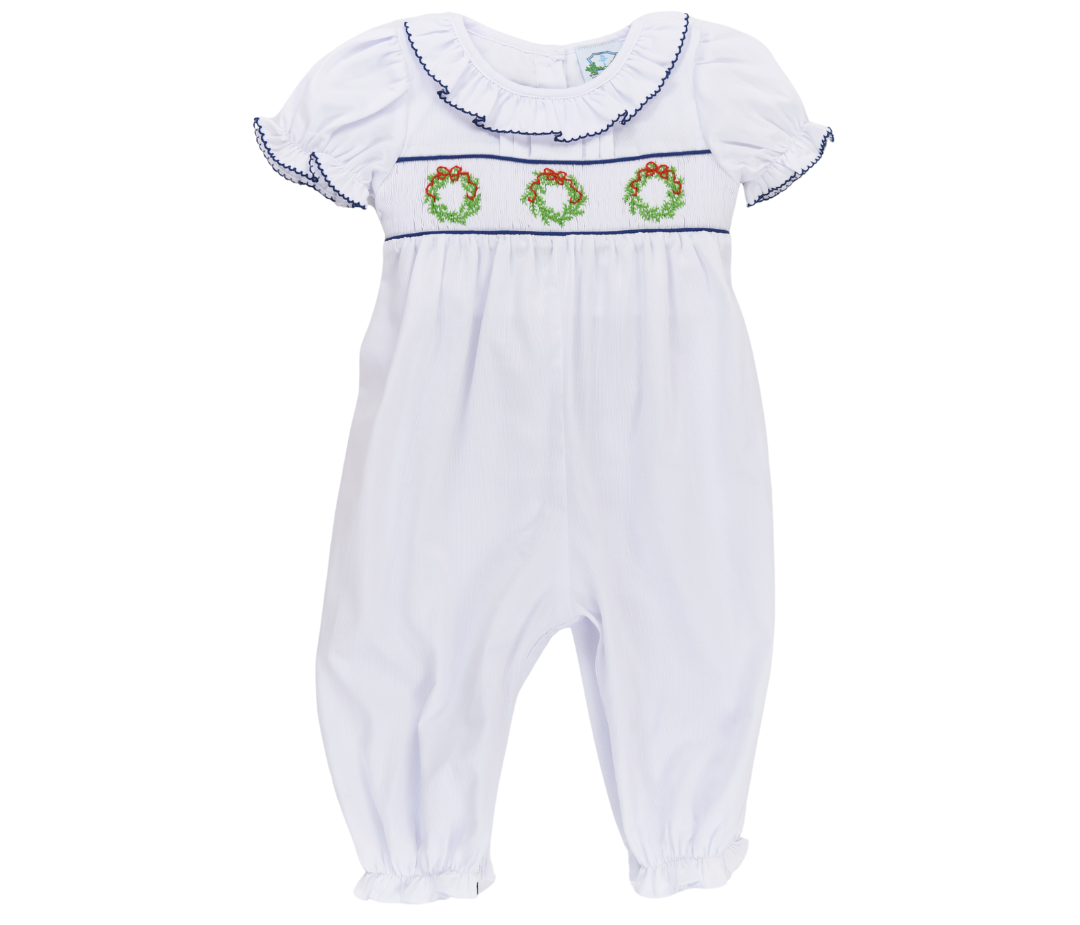 Smocked Wreath Girls Long Romper