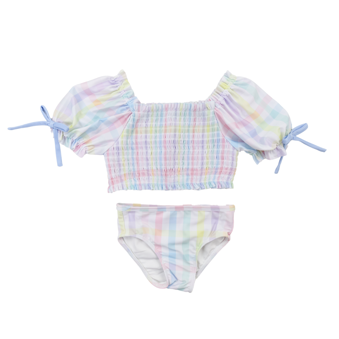 Pastel Plaid Girls Two Piece Ruffle Swimsuit