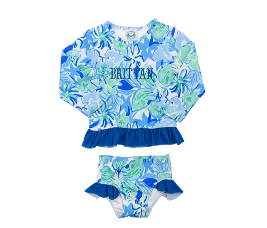 Blue Floral Longsleeve 2pc Swimsuit