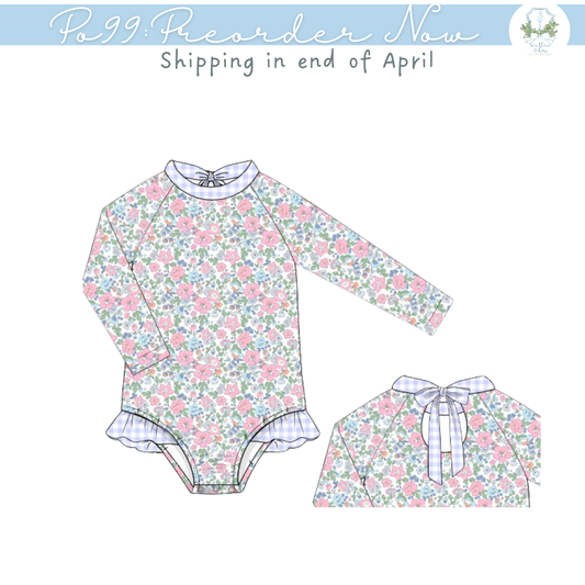 PO99: Blue Gingham & Floral Longsleeve 1pc Swimsuit