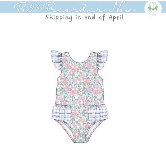 PO99: Blue Gingham & Floral 1pc Swimsuit