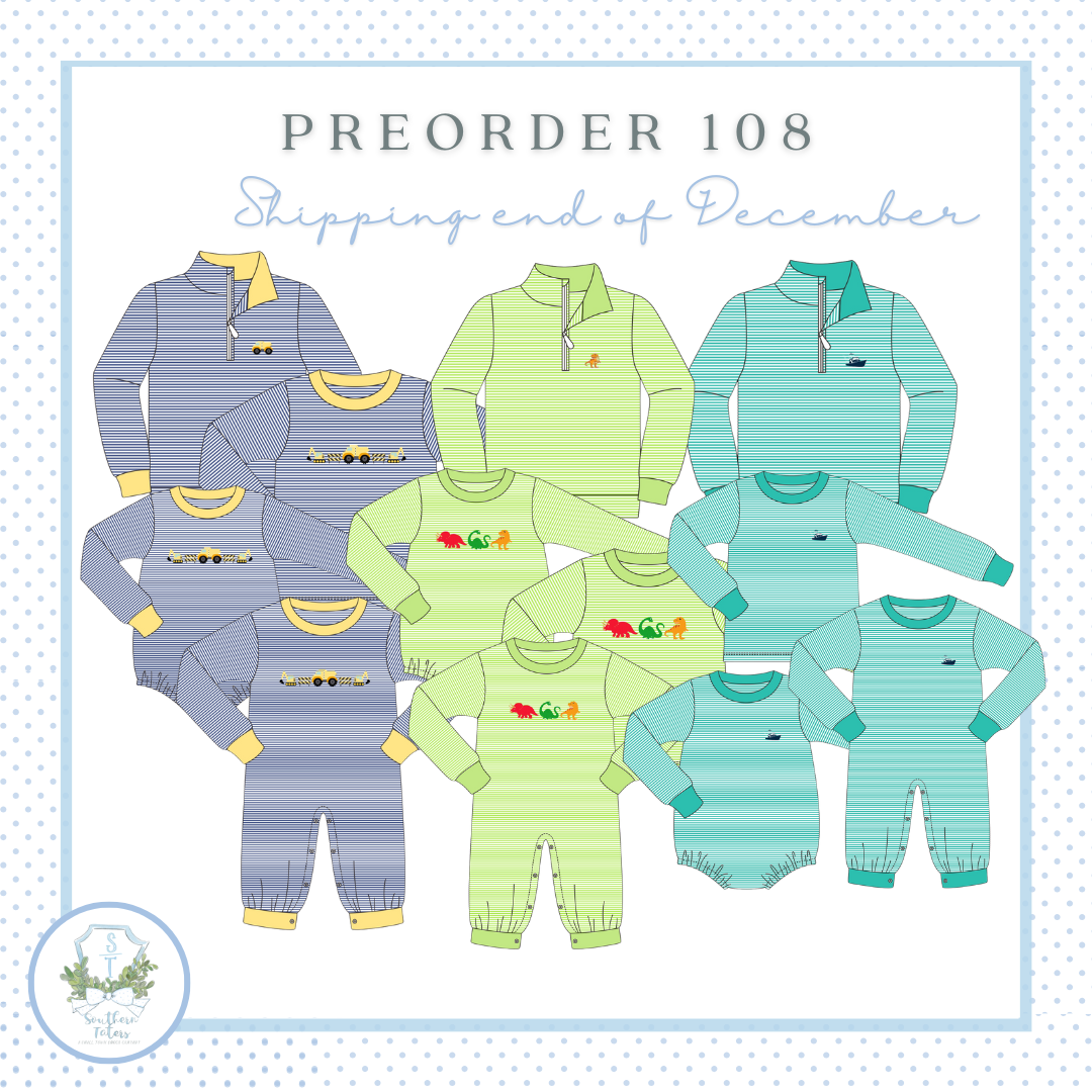 The image is a collection of various children's pajamas in different colors and styles, including striped, plaid, and solid colors. The text "PREORDER 108 Shipping end of December" indicates that these pajamas are being ordered for the holiday season, specifically December.