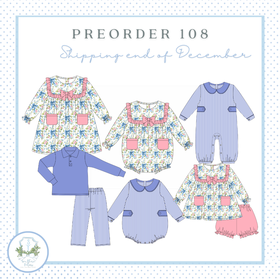The image is a collection of six different outfits, including dresses and pants, arranged in a grid-like pattern. The outfits are predominantly blue and white, with some featuring floral patterns. The text "PREORDER 108 Shipping end of December" is displayed above the outfits, indicating that these items are part of a pre-order order for December shipping.