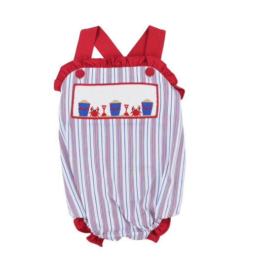 Red Stripe Beach Crab Smocked Girl Bubble