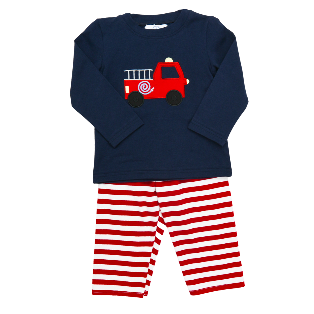 Navy Firetruck Applique Pants Set