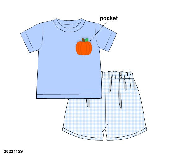 Blue Gingham with Pumpkins Boy Short Set