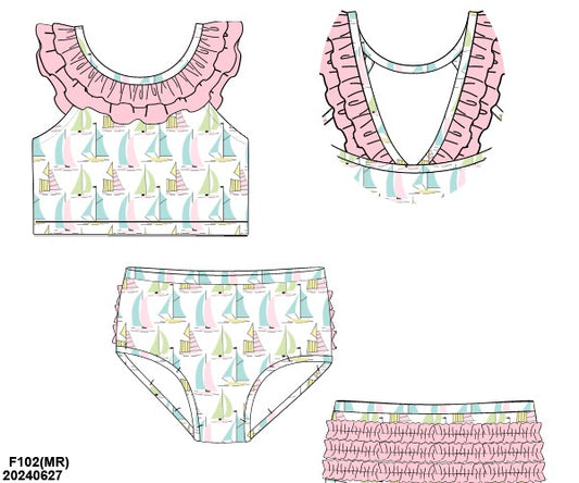 PO99: Sailboat Ruffle Two Piece Swimsuit