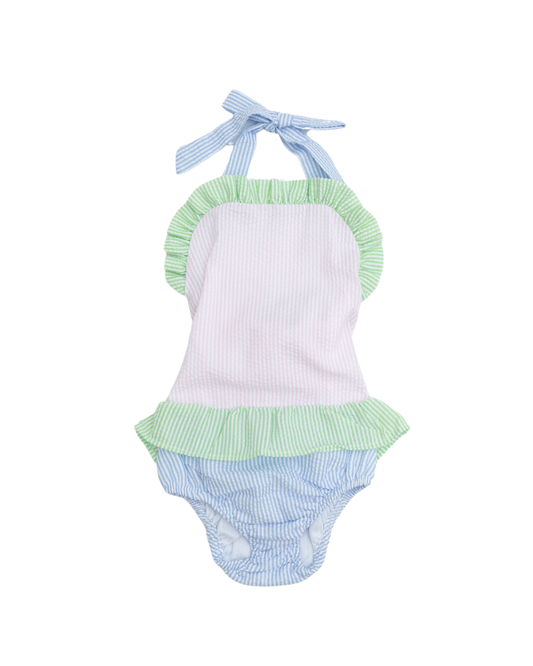 Seersucker Colorblock One Piece Swimsuit