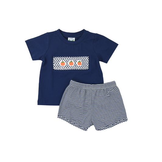 Navy Smocked Pumpkin Short Set