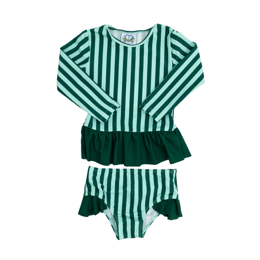 Green & Mint Stripe Girls Two Piece Swim