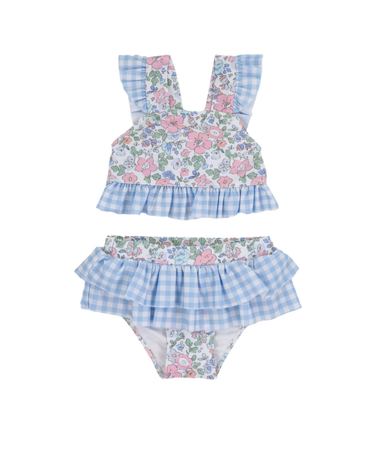 Blue Gingham & Floral Two Piece Swimsuit