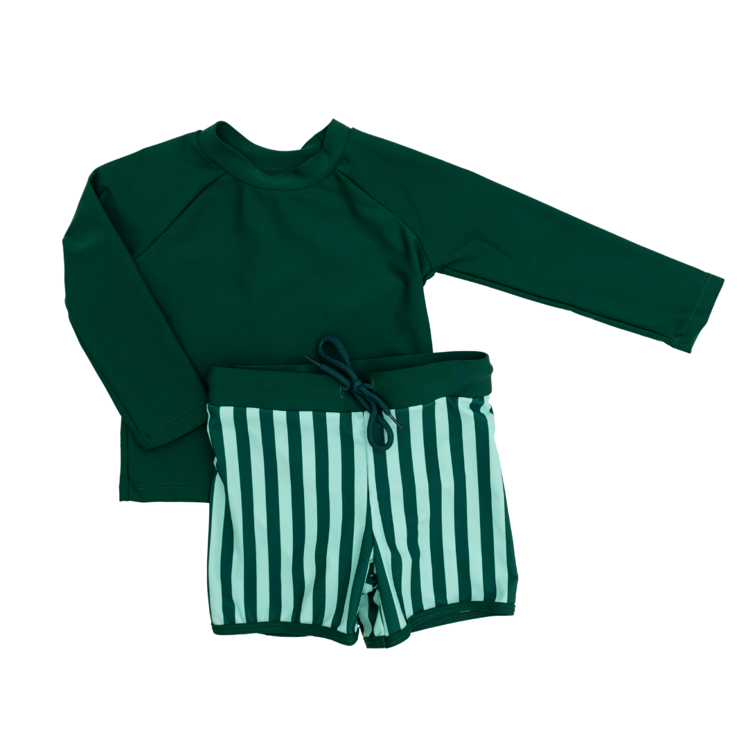 PO111: Green & Mint Stripe Swim Trunk Set