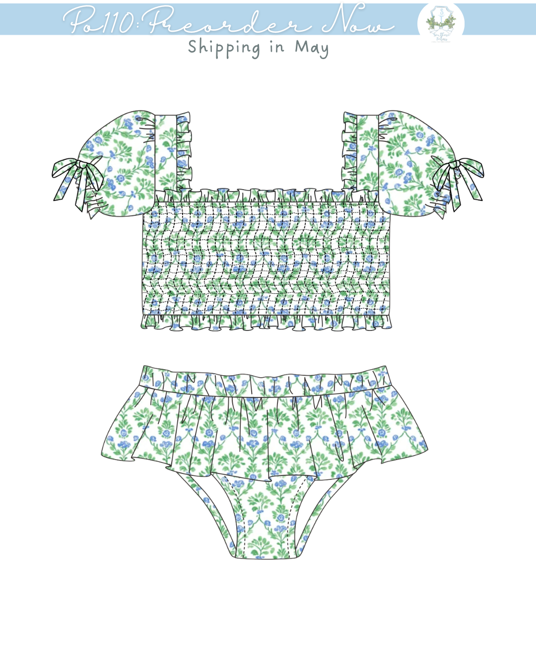 PO110: Preppy Two Piece Puff Sleeve Swimsuit