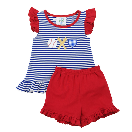 Navy Stripe Baseball Applique Girl Short Set