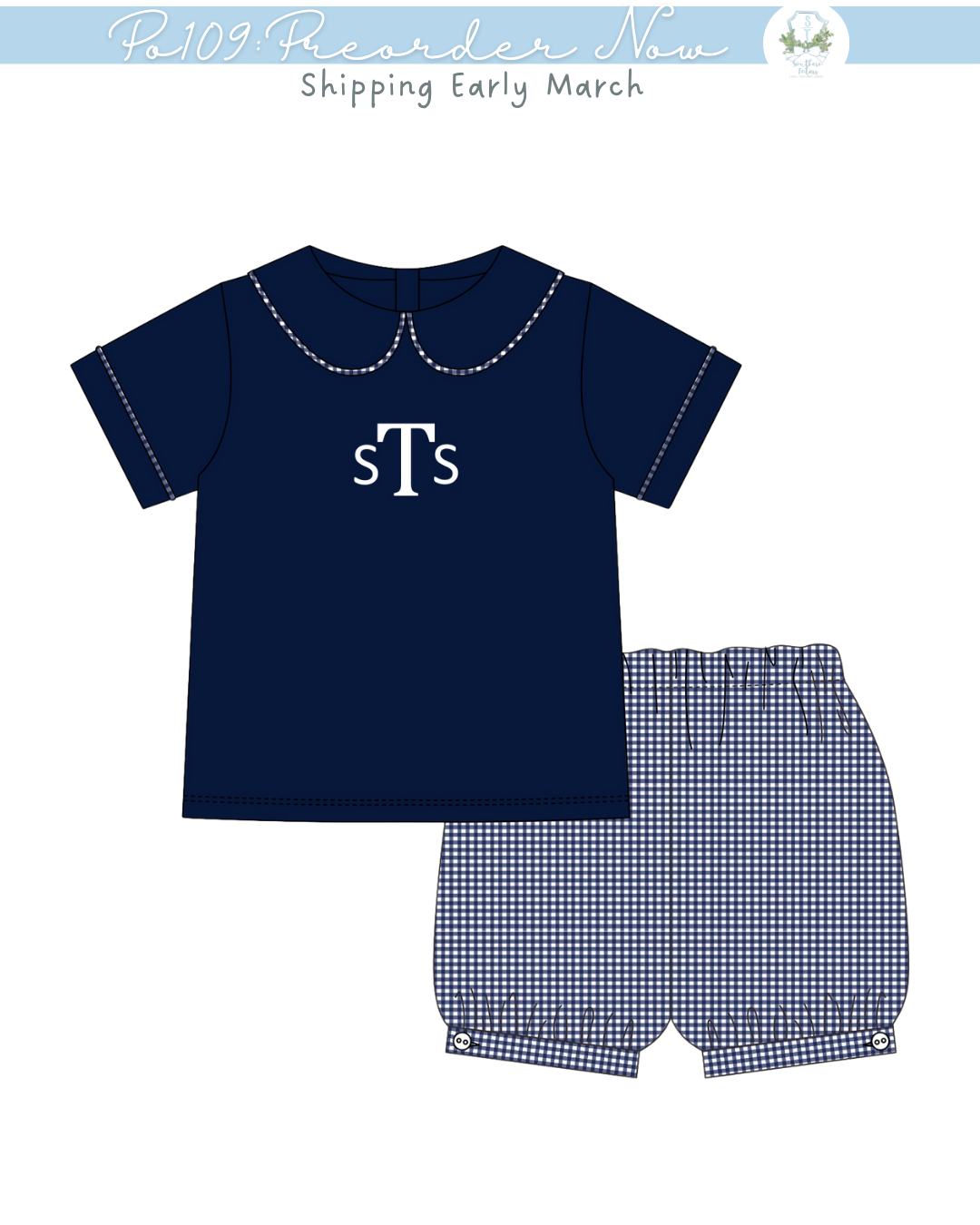 PO109: Navy Easter Toile Banded Short Set