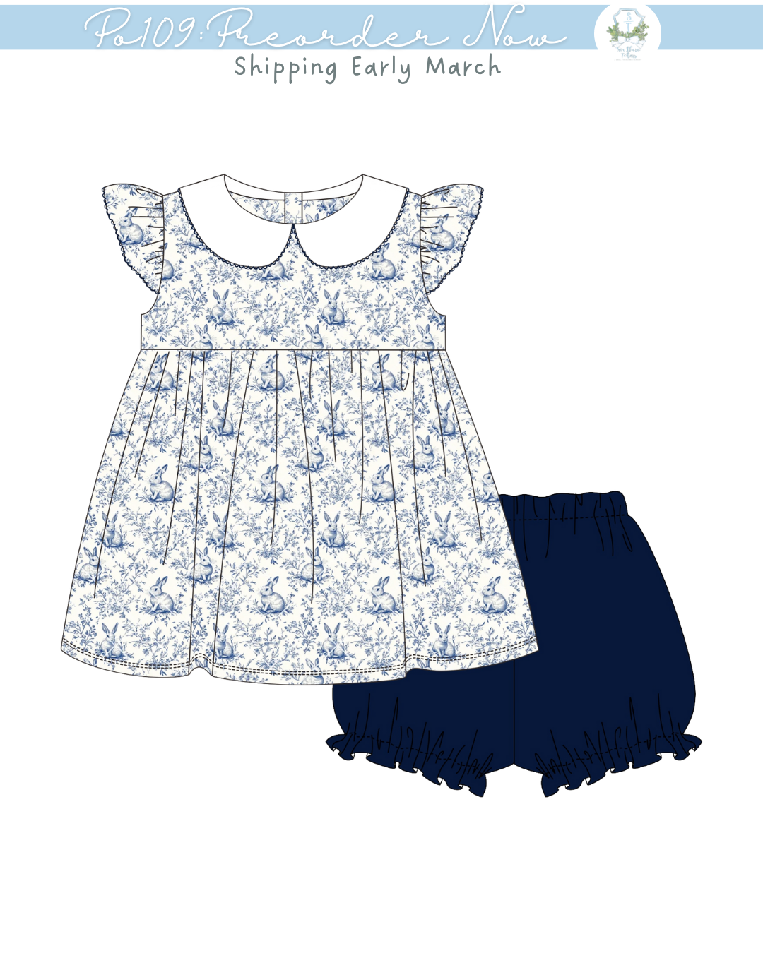 PO109: Navy Easter Toile Girls Bubble Short Set