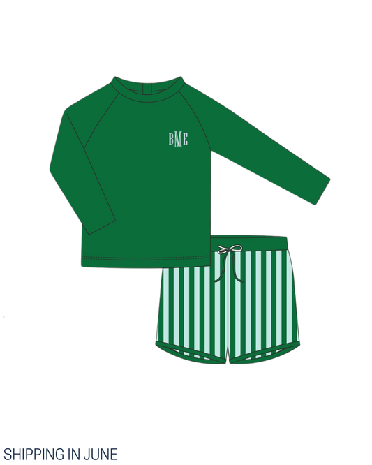 PO111: Green & Mint Stripe Swim Trunk Set