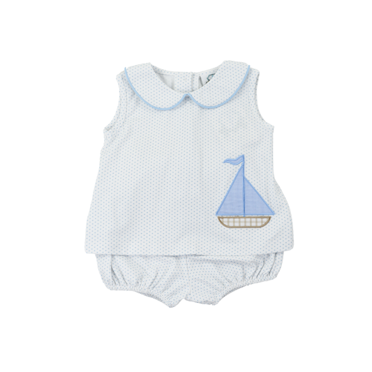 Applique Sailboat Boy Bubble Short Set