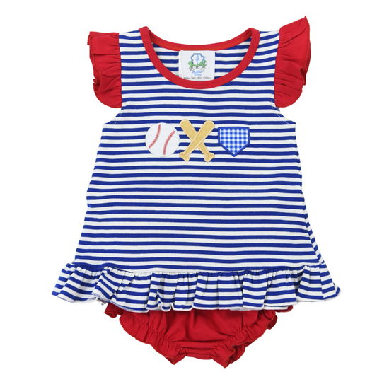 Navy Stripe Baseball Applique Girls Bloomer Set