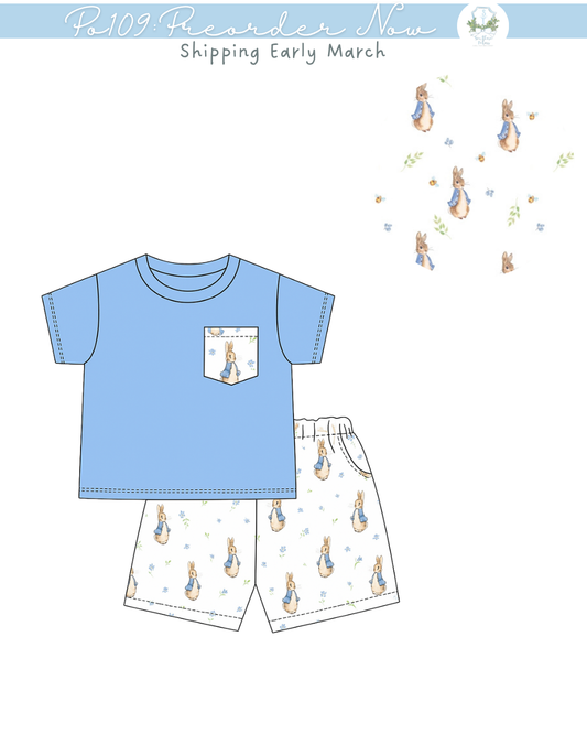 PO109: Rabbit Print Blue Pocket Short Set
