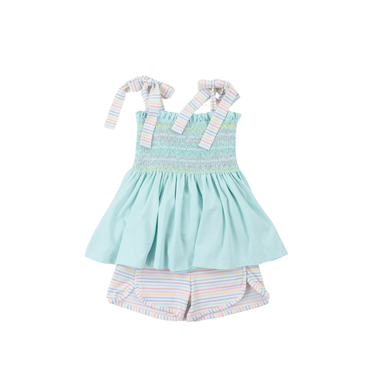 Smocked Mint and Pastel Stripes Girl Short Set