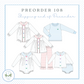 The image is a collection of five different baby clothing items, including dresses and tops, with a focus on the shipping end of December.