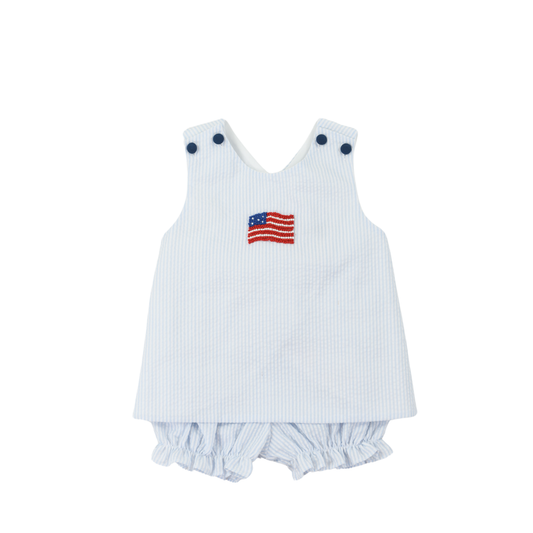 Blue Seersucker Flag Girl Bubble Short Set