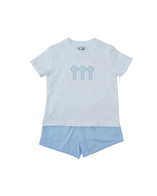 Blue Gingham Cross Trio Short Set