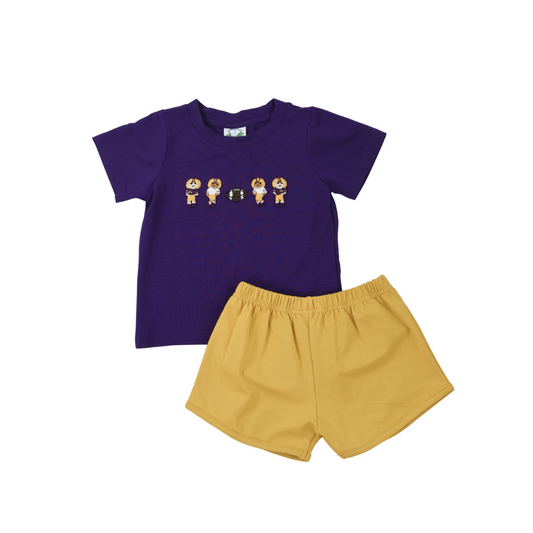 Saturday Night Lights French Knot Boys Short Set- Purple & Gold
