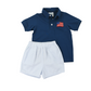 Blue Seersucker Flag Polo Short Set