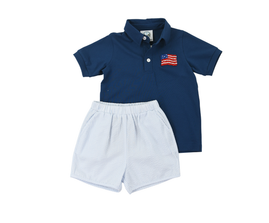 Blue Seersucker Flag Polo Short Set
