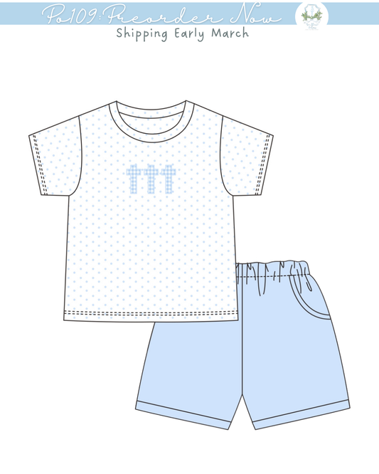 po109: Blue Gingham Cross Trio Short Set
