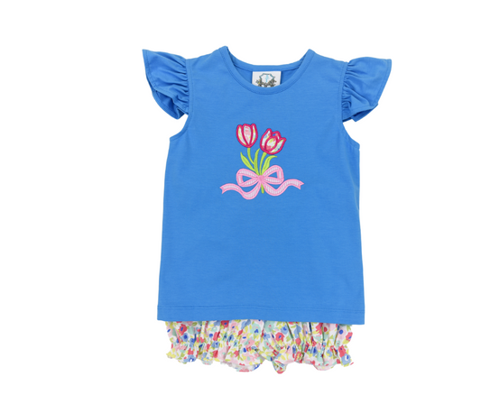 Blue Tulip Applique Bubble Short Set