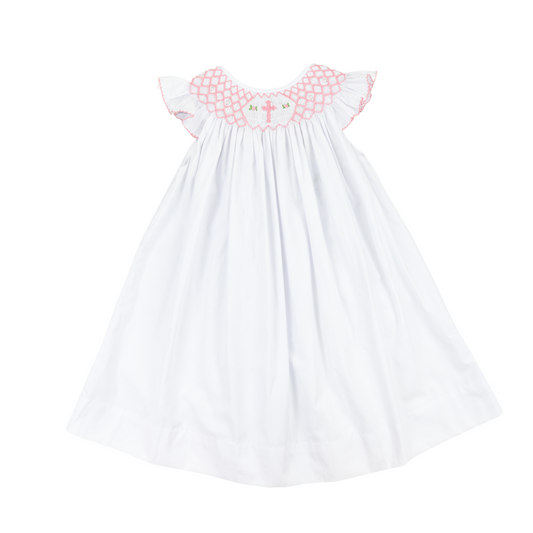 Cross Smocked Girl Dress with Pearls
