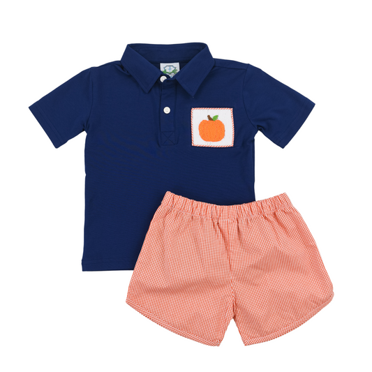 Navy and Orange Pumpkin Polo Short Set