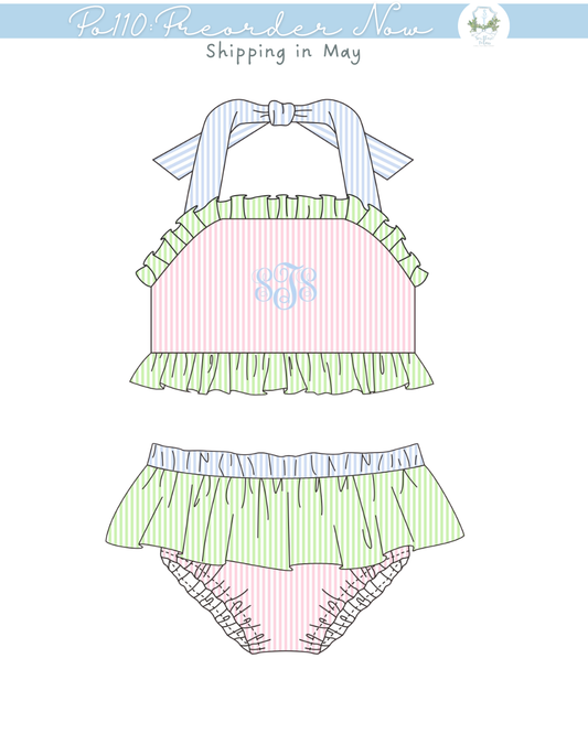 PO110: Seersucker Colorblock 2 Piece Swimsuit
