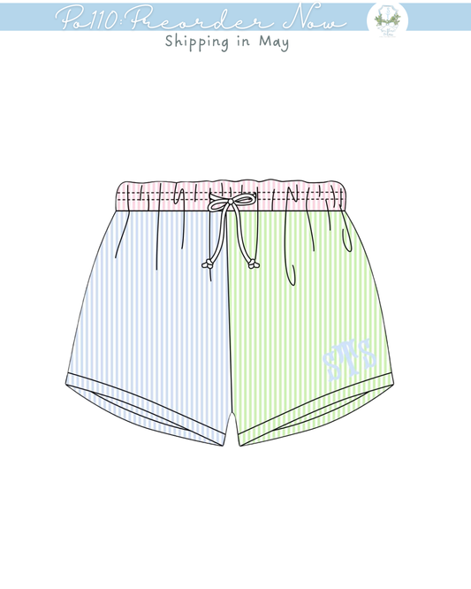 PO110: Seersucker Colorblock Swim Trunks