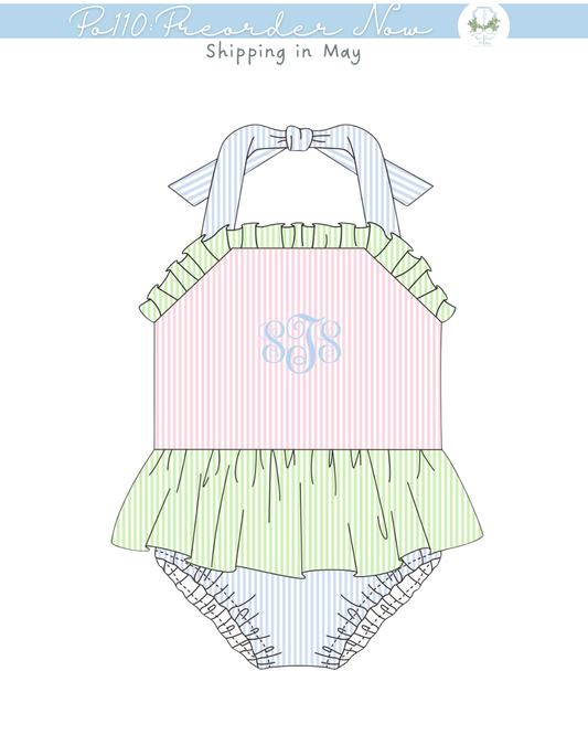 PO110: Seersucker Colorblock One Piece Swimsuit