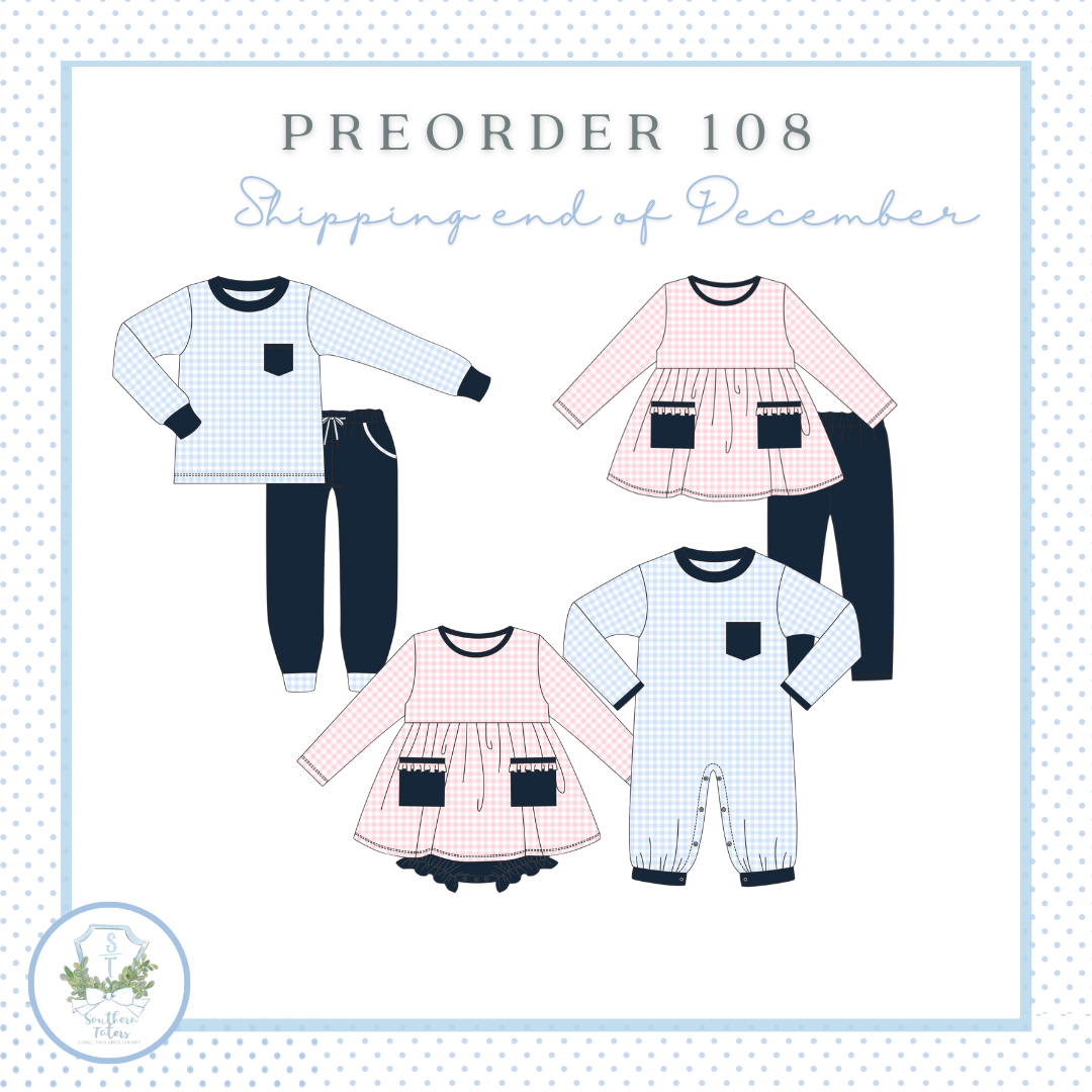 The image is a collage of four different clothing items, including a long-sleeved shirt, a dress, a jumpsuit, and a pair of pants, all in a blue and white color scheme. The text "PREORDER 108 Shipping end of December" is displayed above the clothing items, indicating that these items are part of a preorder order for December shipping.