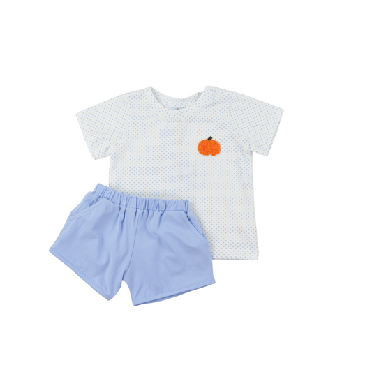 Blue Bitty Dot Pumpkin Boy Short Set