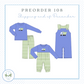 The image is a collage of three clothing items, including a long-sleeved shirt, a pair of pants, and a jumpsuit, all featuring a truck design. The text "PREORDER 108 Shipping end of December" is displayed above the clothing items, indicating that these items are part of a preorder for shipping in December.