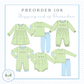 The image is a collection of six different green and white checkered pajamas or sleepers, each with a unique design or pattern. The text "PREORDER 108 Shipping end of December" is displayed above the pajamas, indicating that these items are being ordered for the holiday season.