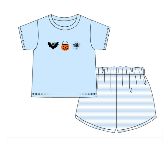 PO113: Hand Stitched Halloween Boy Short Set