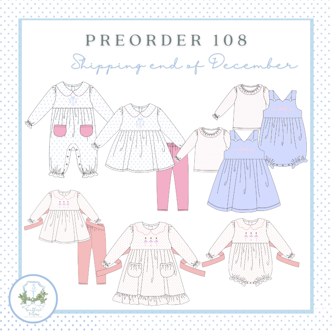 The image is a collection of fashion illustrations for children's clothing, including dresses, pants, and tops, with a focus on the shipping end of December.