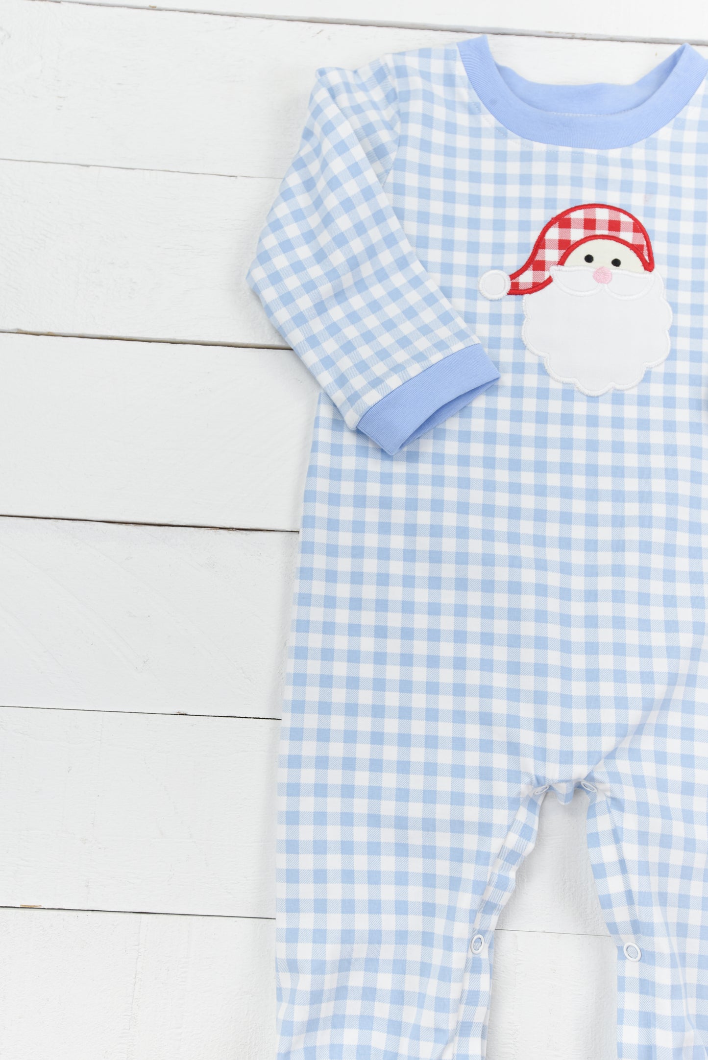 PO79: Blue Gingham Santa Boys Applique Romper