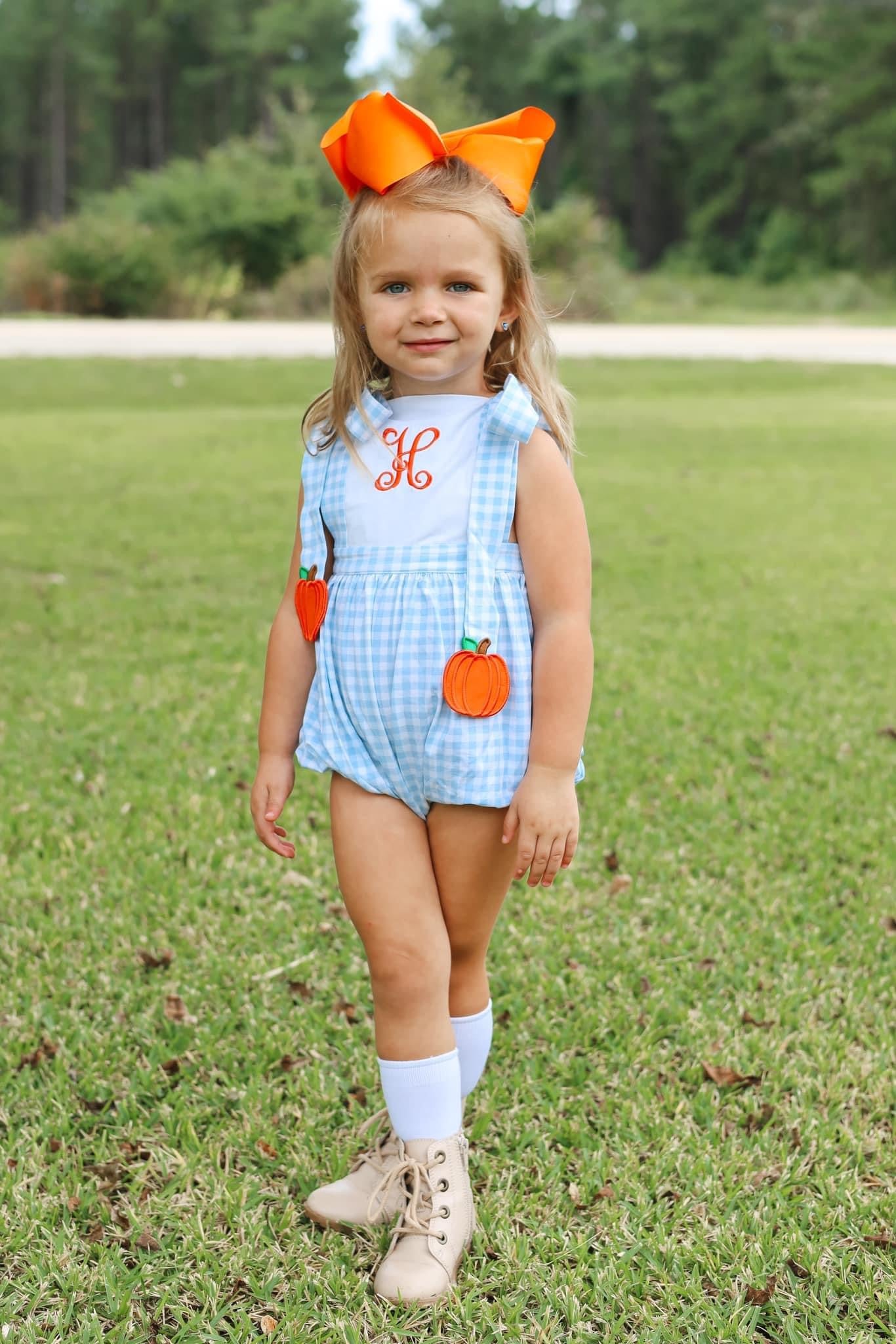 Blue Gingham with Pumpkin Girl Bubble