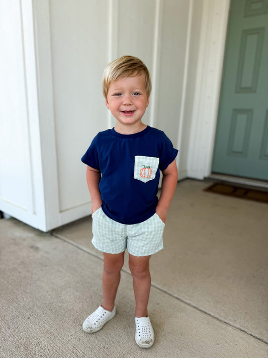 Sage Gingham and Navy Pumpkin Short Set