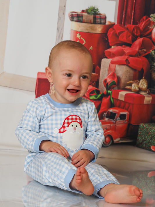 PO79: Blue Gingham Santa Boys Applique Romper